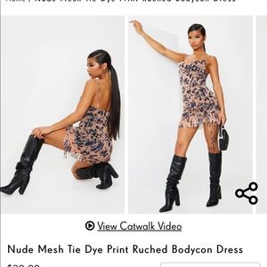 Nude Mesh Tie Dye Print Ruched Bodycon Dress